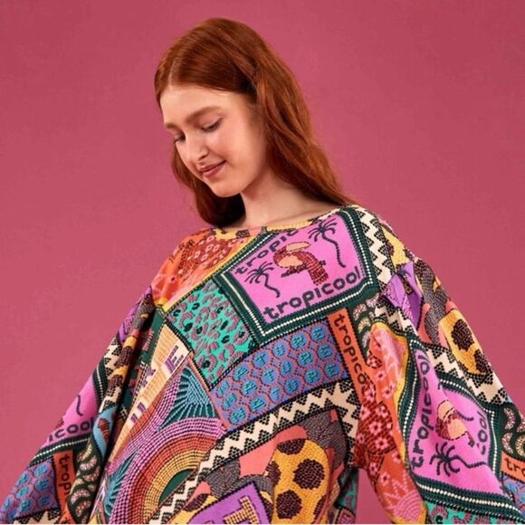 NEW FARM Rio Dotted Patch Scarf Sweatshirt Puff Sleeves Tropical Colorful Size M - Picture 2 of 15